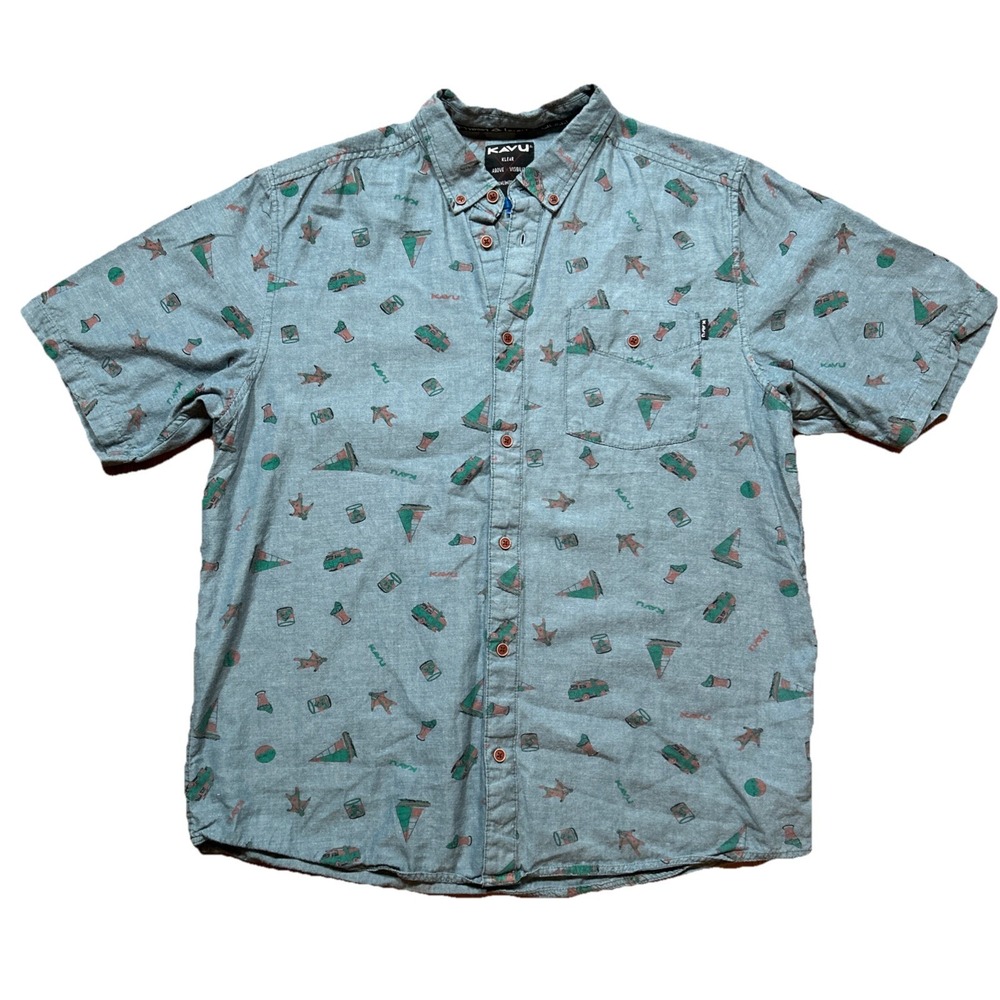 KAVU Shirt Mens XL Button-Up Surf Bus Outdoor Beach Print Blue‎ Summer